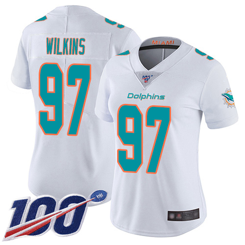Nike Miami Dolphins #97 Christian Wilkins White Women Stitched NFL 100th Season Vapor Limited Jersey